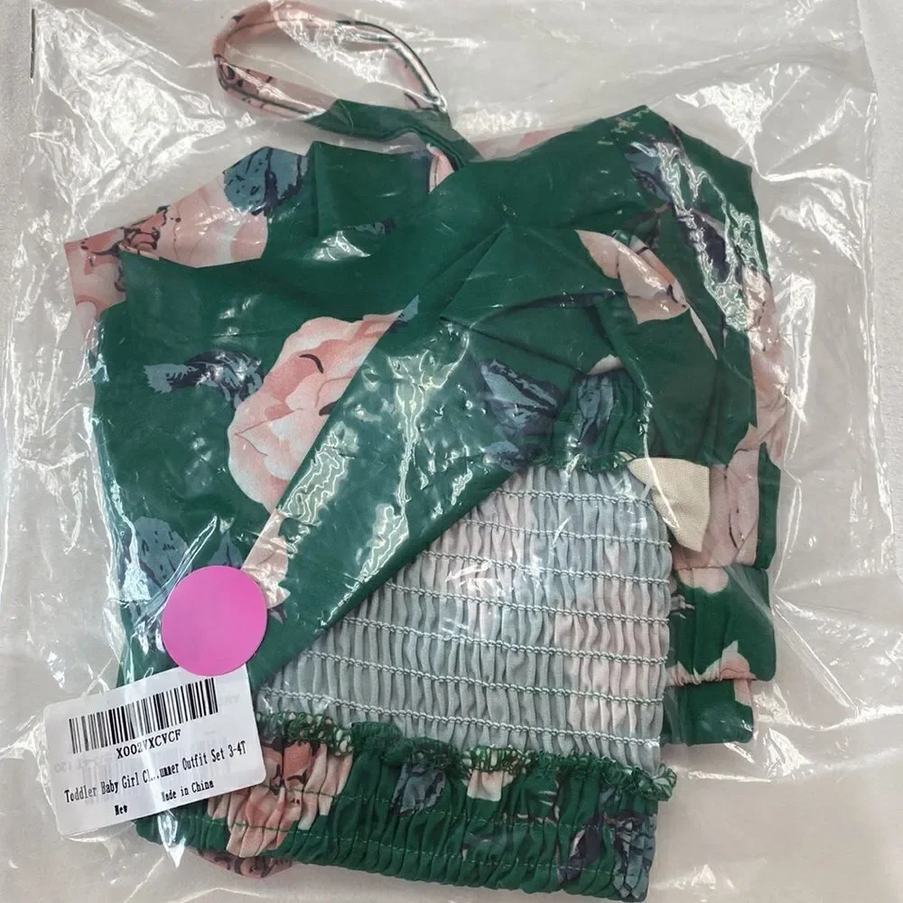 Baby Girls Summer Outfit Set in Green Floral 3-4T